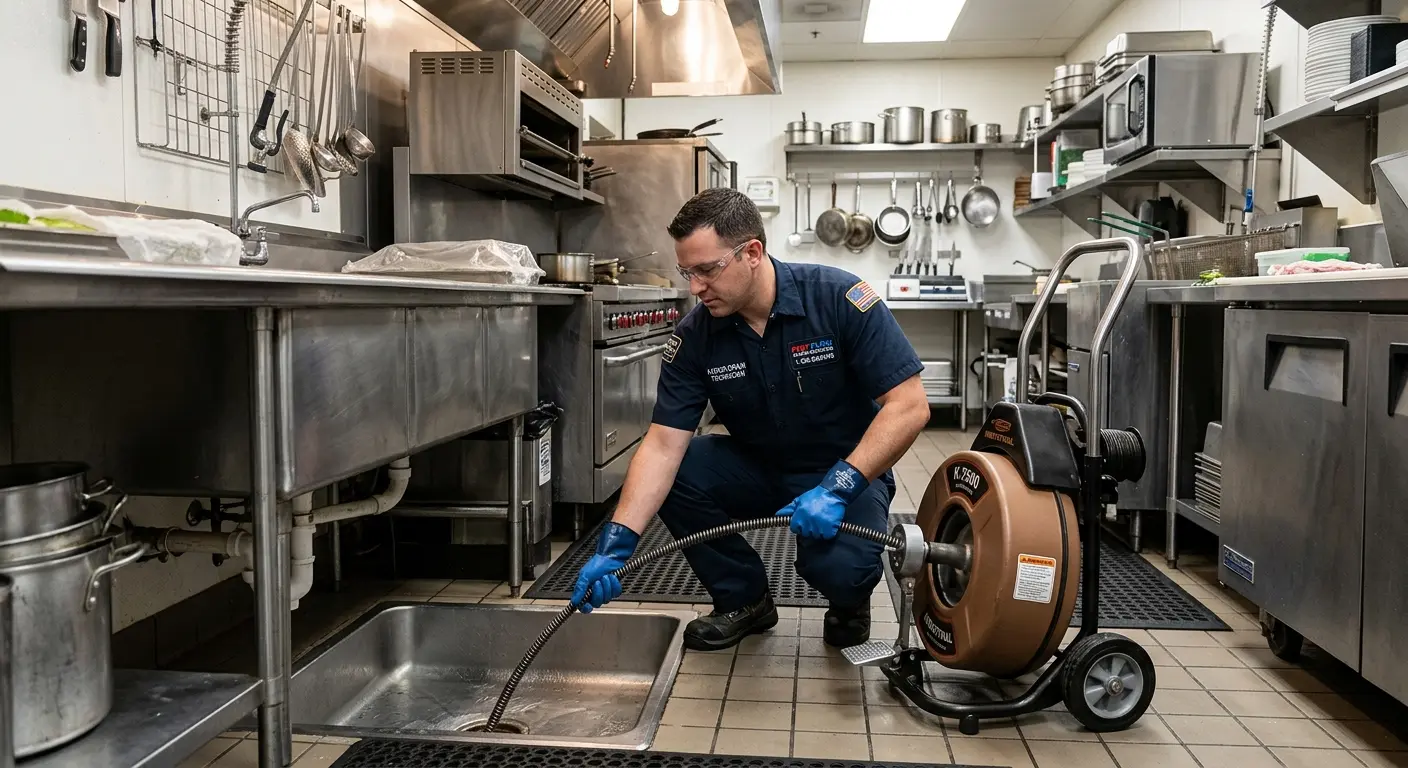 Commercial drain cleaning service in a restaurant kitchen in Islip