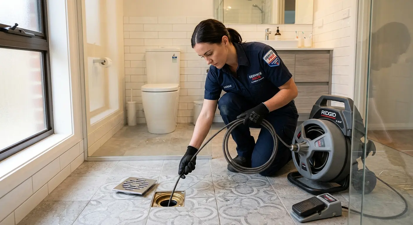 Technician clearing a bathroom floor drain for Drain Repair in Islip